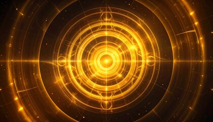 Fototapeta premium A glowing, golden concentric circles illustration. Radiant light emanates from the center, forming a complex design with geometric elements