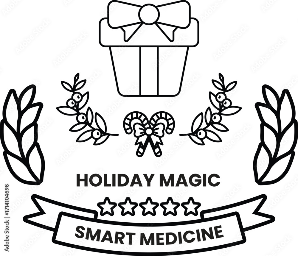 Poster a black and white image of a box with a bow on it and a wreath of leaves