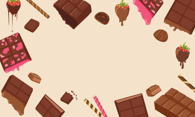 Sweet dessert horizontal banner frame with chocolate bars, candies and strawberries. Vector hand drawn illustration for packaging design, menu, flyers with blank copy space