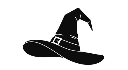 A black witchs hat with a pointed top and a belt with a buckle