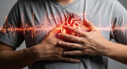 A person clutches their chest, experiencing chest pain, with a glowing heart and an electrocardiogram overlay symbolizing a cardiac event.
