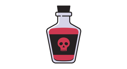 A bottle with a skull label filled with red liquid and sealed with a dark stopper on a white background