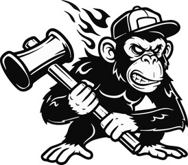 An angry cartoon monkey wearing a baseball cap holds a large mallet, with flames behind it, in a black and white illustration.