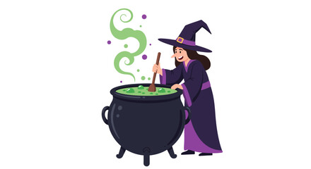 A witch stirring a green bubbling potion in a black cauldron with green smoke rising