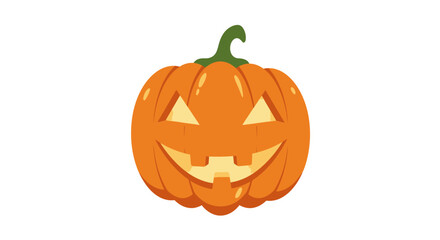 An orange pumpkin with a green stem featuring carved triangular eyes and a toothy smile