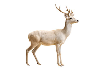 Obraz premium Elegant pale beige deer standing in profile with branched antlers and slender legs gracefully positioned, isolated on a transparent background