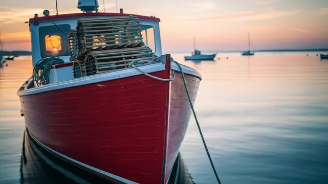 Red fishing boat with traps at sunset in calm water