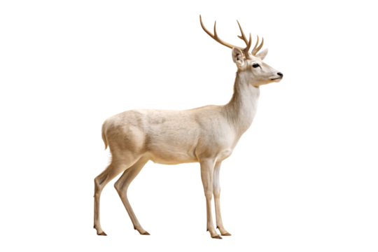 Elegant pale beige deer standing in profile with branched antlers and slender legs gracefully positioned, isolated on a transparent background