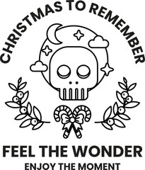 A skull with a wreath and a candy cane is on a black background