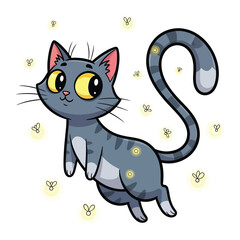 Magical Cat and Fireflies: A captivating illustration features a charming grey cat amidst a swarm of twinkling fireflies, evoking a sense of wonder and delight.