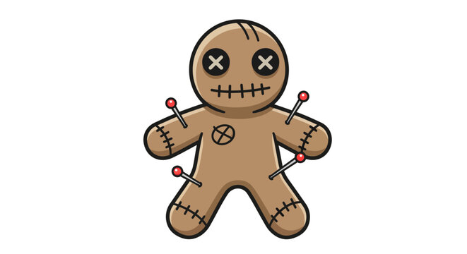 Cartoon voodoo doll with stitched features and pins