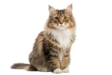Fototapeta premium Long-haired brown tabby Maine Coon cat sitting with white chest fur and striking golden eyes, isolated on a transparent background