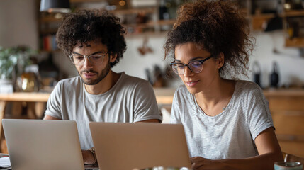 Focused young interracial couple in glasses, a man and woman with curly hair, work side-by-side on laptops in a cozy home environment. Concept of remote work and digital partnership