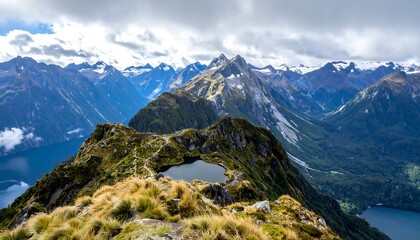 Mountain peaks, alpine lakes, and valleys