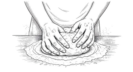Homemade Bread Preparation: Hands Kneading Dough Black and White Line Art Illustration