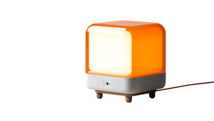 Illuminated bedside lamp with orange shade and wooden legs on a isolated on transparent background