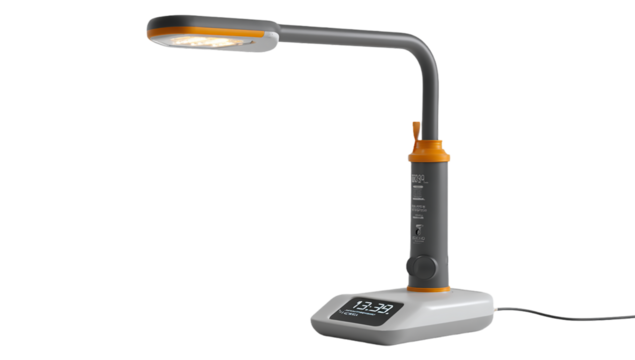 A modern desk lamp with digital clock on a isolated on transparent background