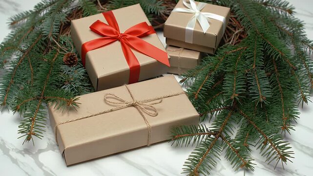 Wrapped Presents with Ribbons and Evergreen Branches on Marbled White Surface