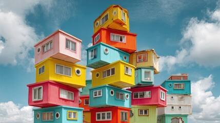 Colorful stacked houses against a cloudy sky
