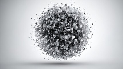 A sphere of fragmented, dark gray, geometric shapes explodes outward against a light gray background