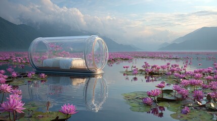 Floating bed in lotus pond with mountains