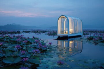 Floating cabin on lake with lotus flowers