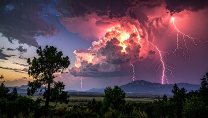 Dramatic storm over a valley at sunset