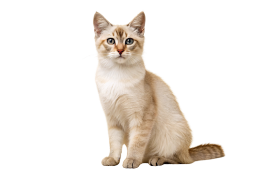 Cream colored kitten with blue eyes sitting in alert pose showing soft fur, isolated on a transparent background