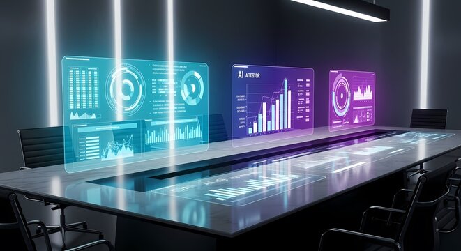 Modern conference room with futuristic holographic data displays showing business analytics and charts in a dark, neon-lit environment.