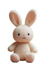 A fluffy white bunny plush toy with long ears sitting upright cute toy isolated on transparent background