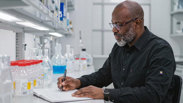 Senior researcher writing in laboratory