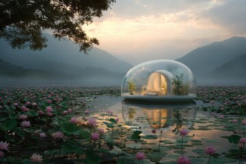 Glass dome house on lotus pond with mountains