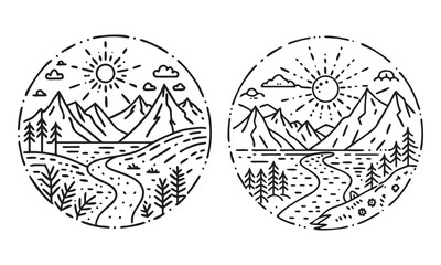 Mountain Landscape Icons – Nature, Adventure, Hiking, Travel, and Outdoor Emblem Vector Set

