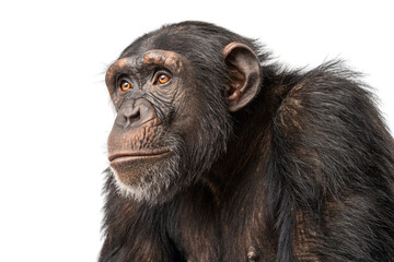 Naklejka premium Mature chimpanzee with expressive amber eyes and graying facial hair looking thoughtfully to the side, isolated on a transparent background