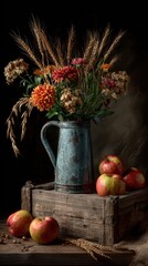 Autumnal Still Life - Flowers, Wheat, and Apples in Rustic Setting.
