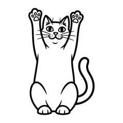 Playful Paws Up Cat: A charming and cartoonish black and white illustration of a cute cat with its paws raised in a gesture of playful charm, set against a clean background, ready for creative uses. 