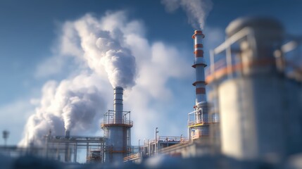 A manufacturing plant with smoke billowing from a chimney, a scene of industry and production.