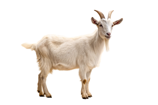 White goat with curved horns facing camera in standing position with long fur, isolated on a transparent background