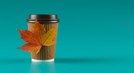 Autumn leaf adorns a disposable coffee cup on a teal background