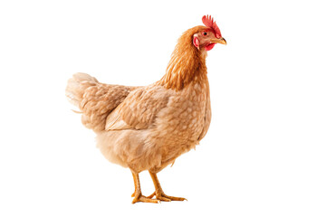 Fototapeta premium Light brown hen standing in side view with red comb and wattles clearly visible, isolated on a transparent background