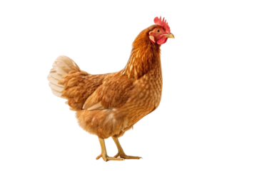 Reddish-brown hen positioned at slight angle showing full body profile with prominent comb and feather detail, isolated on a transparent background