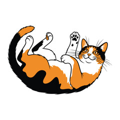 Playful Calico: A whimsical illustration of a contented calico cat lying playfully on its back, its eyes twinkling with mischief and its paw extended in a friendly gesture.