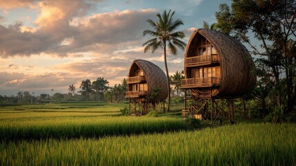 Rice fields and unique elevated bamboo houses