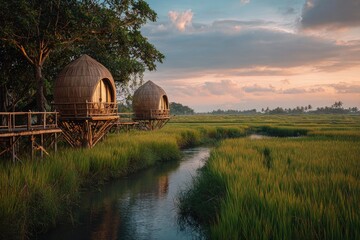 Rice fields with unique treehouse dwellings