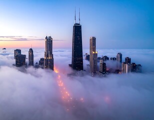 City skyline rising above a sea of fog