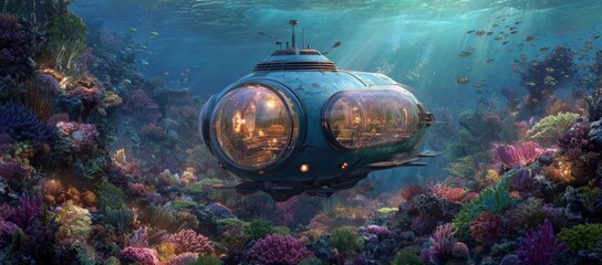 Submarine exploring vibrant coral reef