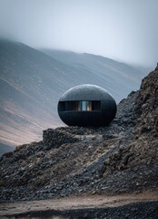 Spherical building on rocky hillside landscape