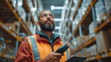 A warehouse logistics manager checking inventory with a barcode scanner, a scene of supply chain management.