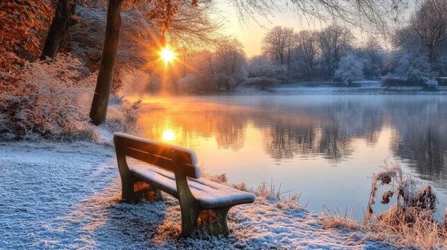Tranquil winter sunrise illuminating a snowy park bench, overlooking a serene misty lake landscape