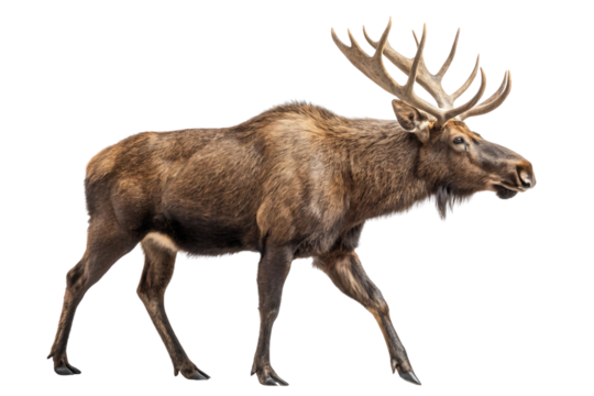 Male caribou reindeer walking with full antler spread showing brown coat and sturdy legs in natural stride, isolated on a transparent background